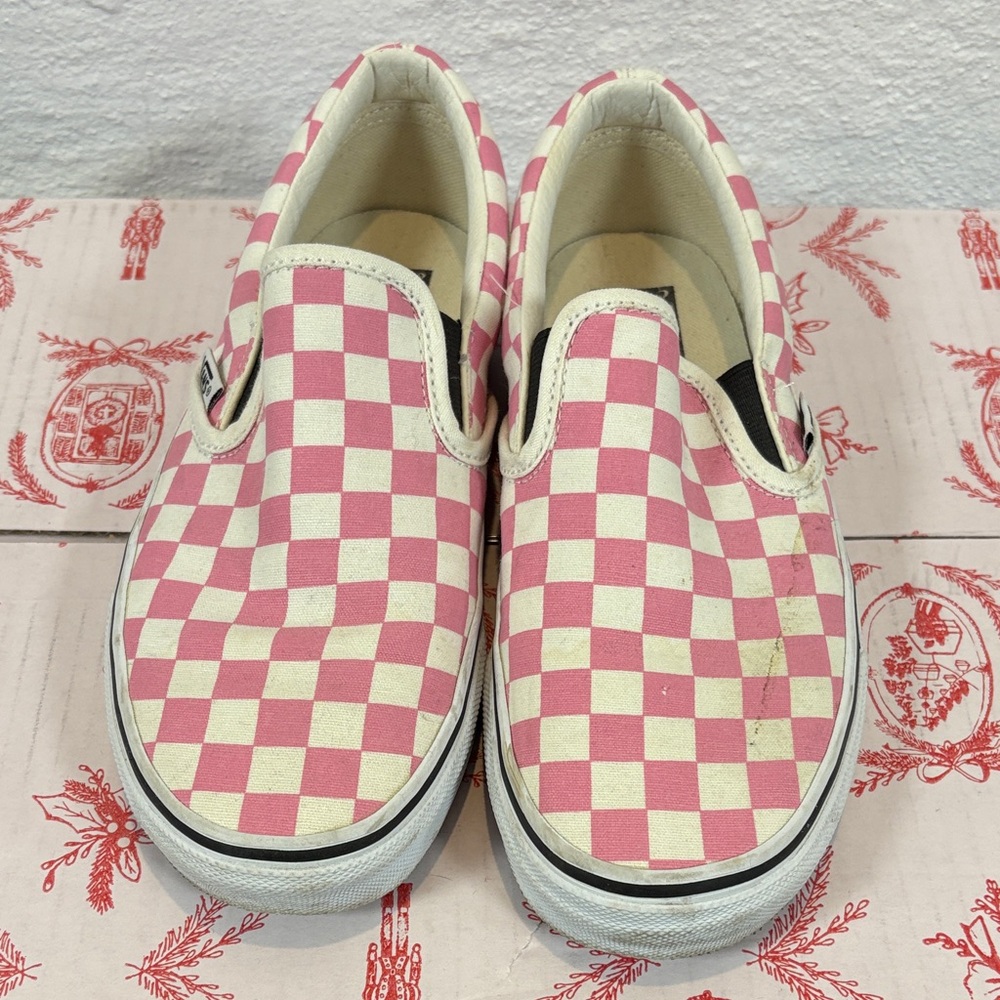 Pink and Cream Checkered Slip-On Custom Vans